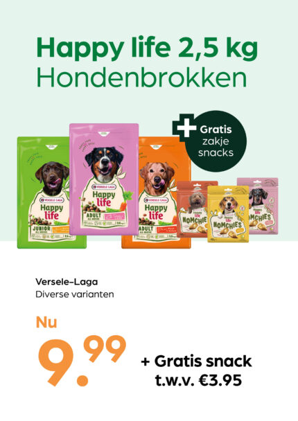 Happy life 2,5 kg hondenbrokken nu met gratis zakje hondensnacks!